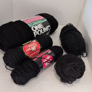 Mixed Lot Desatsh of Black Yarn Skeins - Red Heart, Creslen Etc 1 Lb 8 Oz Total